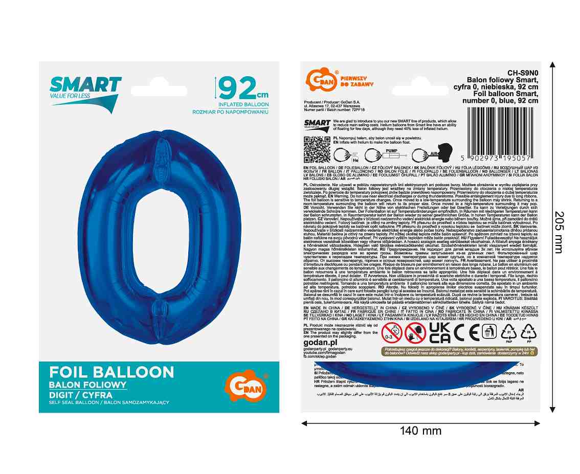 Balon foliowy Smart cyfra 0 niebieska 92cm CH-S9N0 GoDan